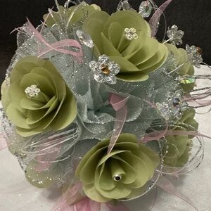 Sage green bouquet with a hair piece and gold crown. 3 pice set.